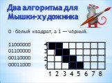 0 - белый квадрат, а 1 — чёрный. 11000000 01100000 00110000 00011000. Два алгоритма для Мышки-художника. 4 3 2 1 1 2 3 4 5 6 7 8