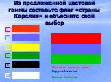 Из предложенной цветовой гаммы составьте флаг «страны Карелия» и объясните свой выбор. Мужество, героизм, кровь. Водные богатства Лесные богатства 4 6