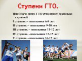 Ступени ГТО. При сдаче норм ГТО существует несколько ступеней: I ступень – школьники 6-8 лет II ступень – школьники 9-10 лет III ступень – школьники 11-12 лет IV ступень –школьники 13-15 лет V ступень –школьники 16-17 лет