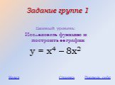 Задание группе 1. Базовый уровень: Исследовать функцию и построить ее график у = x4 – 8x2. Назад Справка