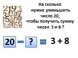 На сколько нужно уменьшить число 20, чтобы получить сумму чисел 3 и 8 ? 20 ? 3 + 8