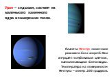 Уран – седьмая, состоит из маленького каменного ядра и замерзших газов. Планета Нептун носит имя римского бога морей. Она мерцает голубоватым цветом, напоминающим блеск воды. Температура на поверхности Нептуна – минус 200 градусов.