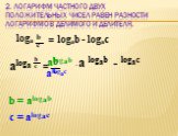 2. Логарифм частного двух положительных чисел равен разности логарифмов делимого и делителя. loga b c = logab - logac aloga = b = alogab c = alogac = a logab - logac