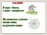 В гору - бегом, с горы - кувырком. На потолке, в уголке висит сито, не руками свито. ЗАГАДКИ