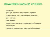 Воздействие табака на организм. инсульты рак губ, полости рта, горла и гортани повышается риск сердечного приступа рак лёгких рак печени язва и рак желудка, поджелудочной железы Бесплодие гангрена, вызванная закупоркой сосудов