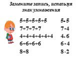 Замените запись, используя знак умножения. 5+5+5+5+5 7+7+7+7 4+4+4+4+4+4 6+6+6+6 8+8. 5 5 7 4 4 6 4 8 2
