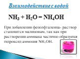Взаимодействие с водой. NH3 + H2O = NH4OH. При добавлении фенолфталеина‑ раствор становится малиновым, так как при растворении аммиака частично образуется гидроксид аммония NH4OH.