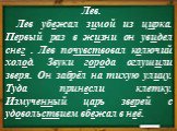 Лев. Лев убежал зимой из цирка. Первый раз в жизни он увидел снег . Лев почувствовал колючий холод. Звуки города оглушили зверя. Он забрёл на тихую улицу. Туда принесли клетку. Измученный царь зверей с удовольствием вбежал в неё.