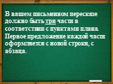 В вашем письменном пересказе должно быть три части в соответствии с пунктами плана. Первое предложение каждой части оформляется с новой строки, с абзаца.