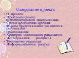 Содержание проекта. О проекте Проблемы (темы) самостоятельного исследования Сроки проведения проекта Формы представления учащимися результатов исследования Критерии оценивания результатов Исследования учащихся Творчество учащихся Информационные ресурсы