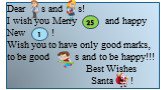 Dear s and s! I wish you Merry and happy New ! Wish you to have only good marks, to be good s and to be happy!!! Best Wishes Santa ! 25 1