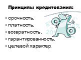 Принципы кредитования: срочность, платность, возвратность, гарантированность, целевой характер.