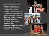 Население Восточной Европы отличается сложным этническим составом, но можно отметить преобладание славянских народов. Из других народов наиболее многочисленны румыны, албанцы, венгры, литовцы. Наиболее однородным национальным составом отличаются Польша, Венгрия, Албания. Литва.