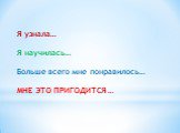 Я узнала… Я научилась… Больше всего мне понравилось… МНЕ ЭТО ПРИГОДИТСЯ …