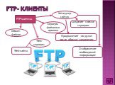 FTP- клиенты FTP-клиенты Обмен файлов Web-серверы Web-сайты. Создание списка серверов. Продолжение загрузки после обрыва соединения. Отображение необходимой информации. Менеджер сайтов
