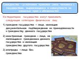 Гражданство – устойчивая правовая связь человека с государством, выражающаяся в совокупности их взаимных прав и обязанностей. На территории государства могут проживать следующие категории физических лиц: граждане государства – лица, имеющие документальное подтверждение их принадлежности к гражданств