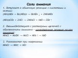 Соли аммония 1. Вступают в обменную реакцию с кислотами и солями: (NH4)2SO4 + Ba(NO3)2 → BaSO4 ↓ + 2NH4NO3 (NH4)2CO3 + 2HCl → 2NH4Cl + Н2O + CO2 ↑ 2. Взаимодействуют с растворами щелочей с образованием аммиака – качественная реакция на ион аммония: NH4Cl + NaOH → NaCl + NH3 ↑ + Н2O 3. Разлагаются пр