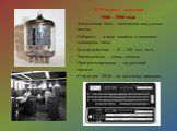 ЭВМ первого поколения 1948 - 1958 года Элементная база – электронно-вакуумные лампы. Габариты – в виде шкафов и занимали машинные залы. Быстродействие – 10 – 100 тыс. оп./с. Эксплуатация – очень сложна. Программирование – трудоемкий процесс. Структура ЭВМ – по жесткому принципу.