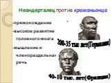 Неандерталец против кроманьонца. -прямохождение -высокое развитие головного мозга -мышление и членораздельная речь. 200-35 тыс лет(Германия). 40-10 тыс. лет(Франция)
