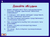 Давайте обсудим. Каким образом могут быть визуализированы большие объемы однотипной табличной информации? С помощью чего можно наглядно представить процесс изменения величин? Что обеспечивает наглядное представление о соотношении величин? Чем определяется выбор того или иного типа диаграммы? В каких