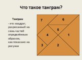 Что такое танграм? Танграм - это квадрат, разрезанный на семь частей определённым образом, как показано на рисунке