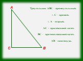 Треугольник АВС – прямоугольный. ∟С – прямой. ∟А – острый. АС - прилежащий катет. ВС – противолежащий катет. АВ – гипотенуза.
