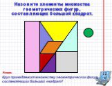 Назовите элементы множества геометрических фигур, составляющих большой квадрат. Круг принадлежит множеству геометрических фигур, составляющих большой квадрат? Вопрос: