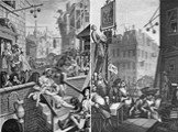 С необычайным пафосом он изобличает «дно» Лондона, ужасы пьянства, приводящего бедноту в состояние полного отупления, к утрате всего человеческого (гравюры «Улица Пива», «Переулок Джина»)