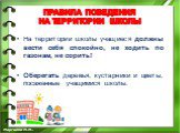 На территории школы учащиеся должны вести себя спокойно, не ходить по газонам, не сорить! Оберегать деревья, кустарники и цветы, посаженные учащимися школы.  Маргиева М.М..