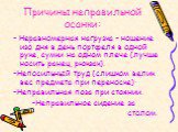 - Неравномерная нагрузка – ношение изо дня в день портфеля в одной руке, сумки на одном плече (лучше носить ранец, рюкзак).       -Непосильный труд (слишком велик вес предмета при переноске)·        -Неправильная поза при стоянии. -Неправильное сидение за столом.