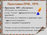 Приставка  ПРЕ- обозначает: 1) близкое по значению к слову "очень": прекрасный (очень красивый) 2) близкое по значению к приставке пере-: преступить (перейти черту), прервать (перервать) Однако не всегда написание этих приставок определяется перечисленными значениями!