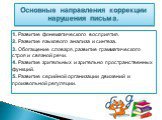 1. Развитие фонематического восприятия. 2. Развитие языкового анализа и синтеза. 3. Обогащение словаря, развитие грамматического строя и связной речи. 4. Развитие зрительных и зрительно пространственных функций. 5. Развитие серийной организации движений и произвольной регуляции. Основные направления