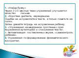 1. «Найди букву» Через 2-2.5 месяца таких упражнений улучшается качество письма. 2. «Короткие диктанты карандашом» Ошибки не исправляйте в тексте, а только пометьте на полях. Затем давайте тетрадь на исправление ребёнку. 3. «Упражнения на медленное прочтение с ярко выраженной артиляцией и списывание