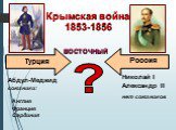 ? Турция. Крымская война 1853-1856. Николай I Александр II. Россия ВОСТОЧНЫЙ нет союзников. Абдул-Меджид союзники: Англия Франция Сардиния