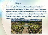 Парк. Регулярный парк Версальского дворца — один из самых крупных и значимых в Европе. Он состоит из множества террас, которые понижаются по мере удаления от дворца. Клумбы, газоны, оранжерея, бассейны, фонтаны, а также многочисленные скульптуры представляют собой продолжение дворцовой архитектуры. 