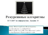 Рекурсивные алгоритмы. ЕГЭ-2017 по информатике. Задание 11. Автор: Фоминова Елена Владимировна, учитель физики и информатики МБОУ СОШ № 23 МО Усть-Лабинский район хутора Братского Краснодарского края