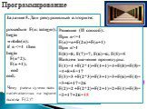 Задание 5. Дан рекурсивный алгоритм: procedure F(n: integer); begin writeln(n); if n. Решение (II способ): При n4 F(8)=8; F(7)=7; F(6)=6; F(5)=5 Найдем значение процедуры: F(4)=4 +F(2*4)+F(4+1)=4+F(8)+F(5)= =4+8+5=17 F(3)=3 +F(2*3)+F(3+1)=3+F(6)+F(4)= =3+6+17=26 F(2)=2 +F(2*2)+F(2+1)=2+F(4)+F(3)= =2