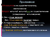 Приложение. Относится к им. существительному, местоимению Вопрос: есть кто? есть что? им. существительное ( в предложении есть сказуемое) Н: Грач – птица весенняя. Грач, птица весенняя, прилетает первым. Н: Я старался вообразить себе капитана Миронова, моего будущего начальника, и представлял его ст