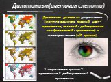 Дальтонизм(цветовая слепота).  . Дальтоники делятся на дихромантов (могут не различать красный цвет - протанопия, зеленый - дейтеранопия или фиолетовый - тританопия) и монохроматиков (ч/б зрение). 1. нормальное зрение 2. протанопия 3. дейтеранопия 4. тританопия