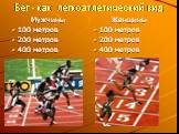 Бег - как легкоатлетический вид. Мужчины 100 метров 200 метров 400 метров. Женщины 100 метров 200 метров 400 метров