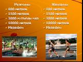 Мужчины 800 метров 1500 метров 3000 м стипль-чез 10000 метров Марафон. Женщины 800 метров 1500 метров 3000 метров 10000 метров Марафон