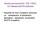 Анализ результатов ЕГЭ – 2011 по Чувашской Республике. Задания по теме «Скорость реакции, ее зависимость от различных факторов» правильно выполнили 66,97% учащихся.
