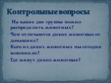 На какие две группы можно распределить животных? Чем отличаются дикие животные от домашних? Кого из диких животных мы сегодня вспомнили? Где живут дикие животные? Контрольные вопросы