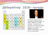 Дёберейнер 1816г - триады. Немецкий химик разделил элементы по три на основе их общих свойств, но чтобы значение атомной масс ы среднего элемента было равно полусумме атомных масс крайних элементов. Недостатком явилось наличие всего 5 таких триад.