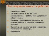 Последовательность работы: Целеполагание. Ознакомление с основными направлениями работы по здоровому образу жизни. Решение проблемного вопроса на основе работы в группах сменного состава. Выполнение практического характера творческого характера. Рефлексия.