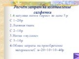 Расчёт затрат на изготовление салфетки. 1.4 катушки ниток «ирис» по цене 5 р С 1=20р 2.Льняная ткань С 2=10р 3.Нитки «мулине» С 3=10р 4.Общие затраты на приобретение материалов:С м=20+10+10=40р