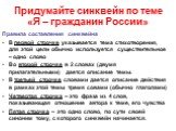 Придумайте синквейн по теме «Я – гражданин России». Правила составления синквейна В первой строчке указывается тема стихотворения, для этой цели обычно используется существительное – одно слово Во второй строчке в 2 словах (двумя прилагательными) дается описание темы. В третьей строчке словами даетс