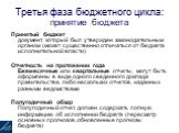 Третья фаза бюджетного цикла: принятие бюджета. Принятый бюджет документ, который был утвержден законодательным органом (может существенно отличаться от бюджета исполнительной власти) Отчетность на протяжении года Ежемесячные или квартальные отчеты, могут быть оформлены в виде одного сведенного докл