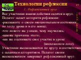 Технологии рефлексии 1. Рефлексивный круг. Все участники взаимодействия садятся в круг. Педагог задает алгоритм рефлексии: -расскажите о своем эмоциональном состоянии по ходу урока и в его конце; -что нового вы узнали, чему научились; -каковы причины этого; -как вы оцениваете свое участие в уроке (в