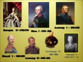 Николай I - 1825-1855. Александр II – 1855- 1881. Александр III- 1881-1894. Николай II (1894-1917 гг.). Александр I - 1801-1825. Екатерина II – 1762-1796. Павел I - 1796- 1801